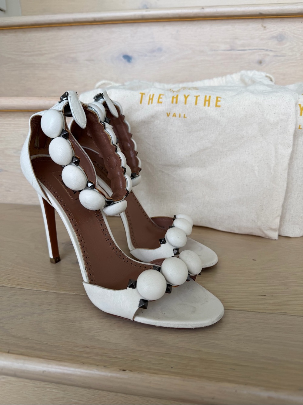 Alaïa La Bombe White Leather Stiletto Heels Sandals Sz 36.5